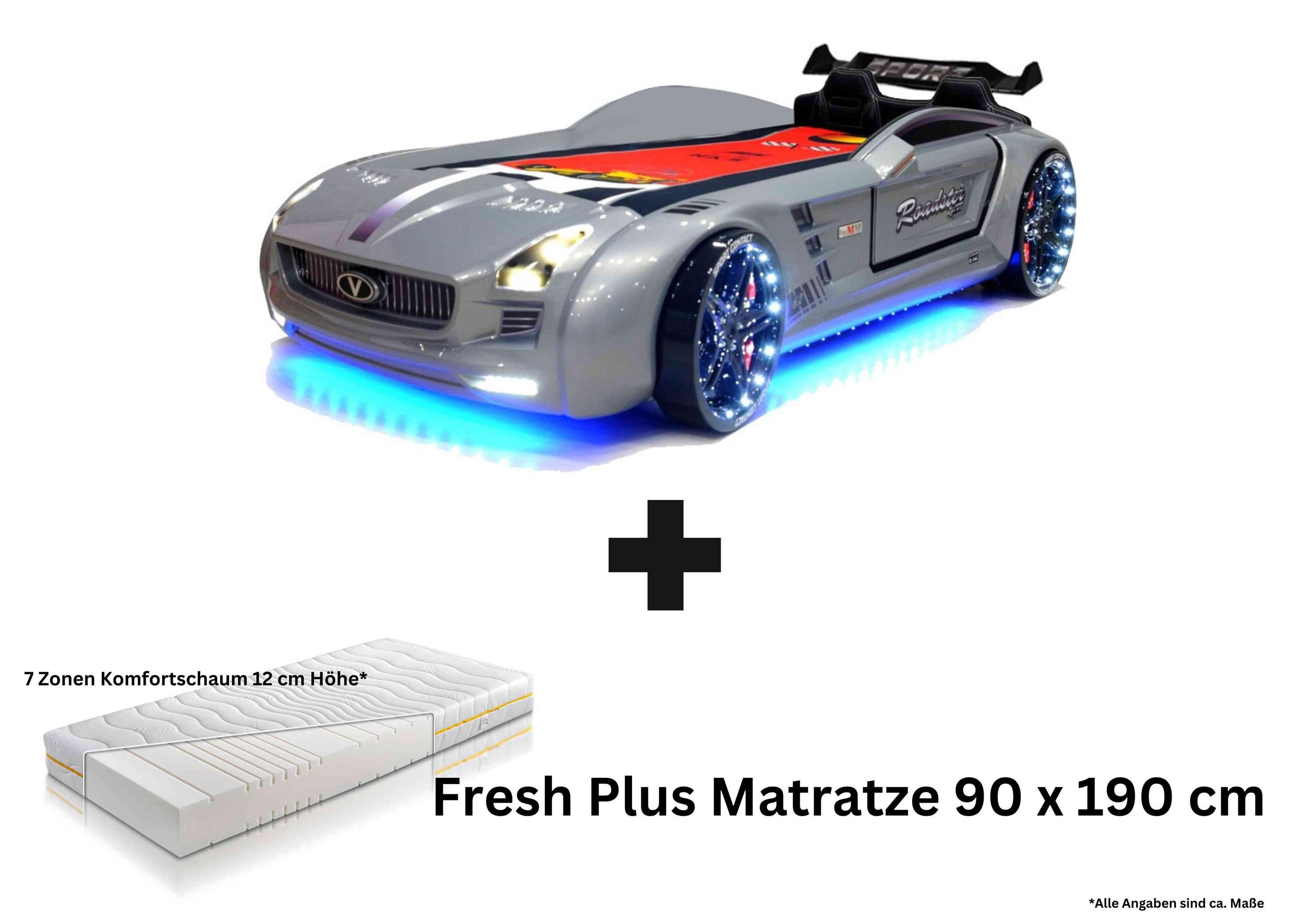 Autobett Kinderbett "Rio Roadster" mit Matratze, LED Sound, Sportsitze, Lattenrost, Spoiler, 90x190 cm