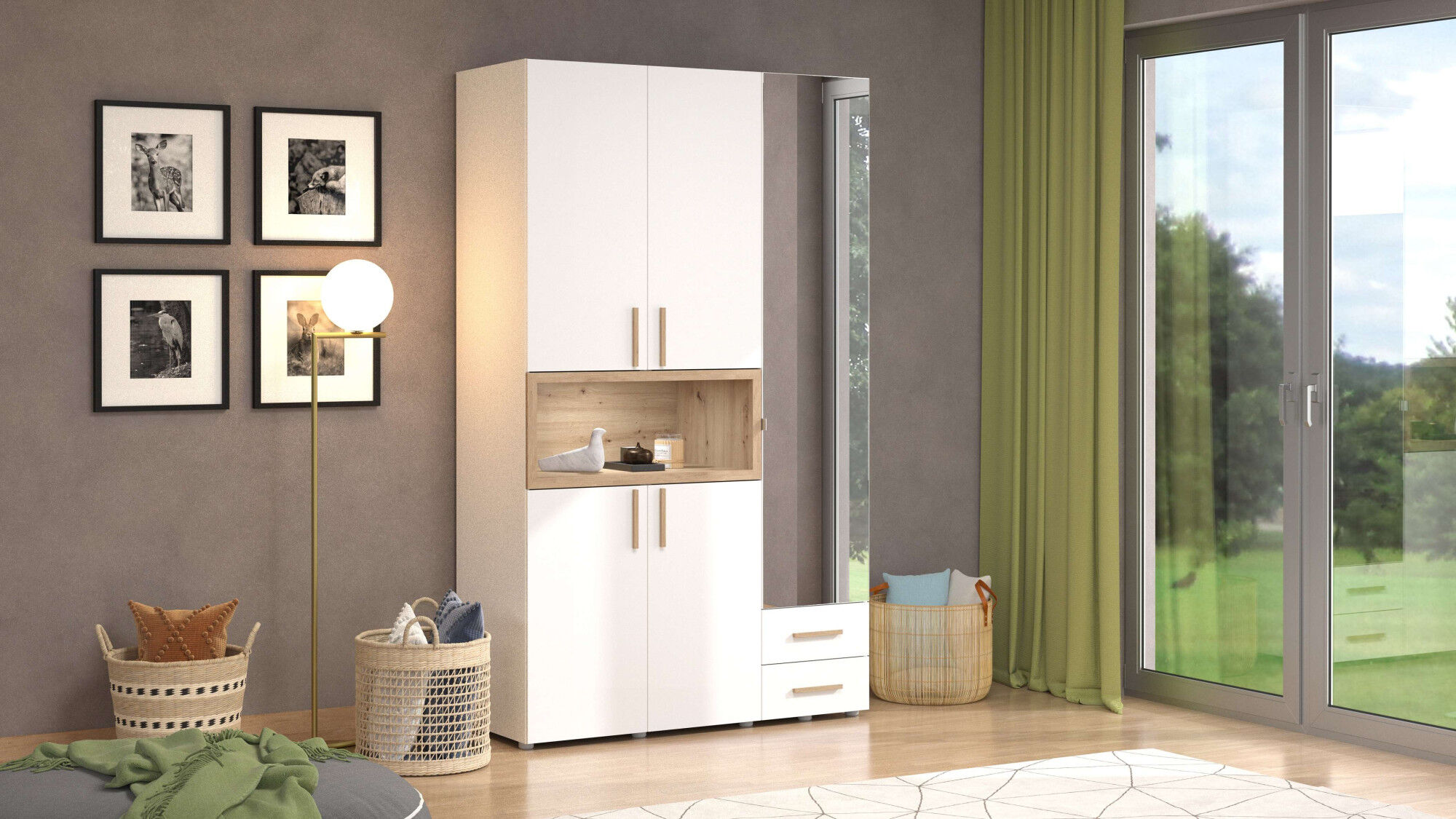 Kleiderschrank HOME AFFAIRE "Donald, inklusive Kleiderstangen und Einlegeböden, FSC-zertifiziert", weiss (opaque weiß), B:134,5cm H:227cm T:56,5cm, FSC-zertifizierter Holzwerkstoff, Schränke, Kleiderschrank, In 2 Breiten, mit Spiegel und Schubladen, 1 off