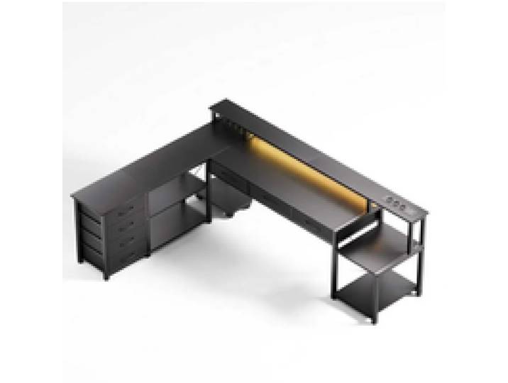 Computertafel, hoekig bureau met laden, stopcontacten en USB-poorten, monitorbevestiging en LED-verlichting. Zwart/Wit