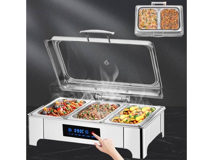 Aocay Chafing Dish Elektrisch, Einstellbare Temperatur 35-90℃(B,1/3 Pan) 9L Edelstahl Speisewärmer Buffetwärmer Elektrisch mit Sichtbarem Glasdeckel, Rechteckiger Warmhaltebehälter Essen Elektrisch