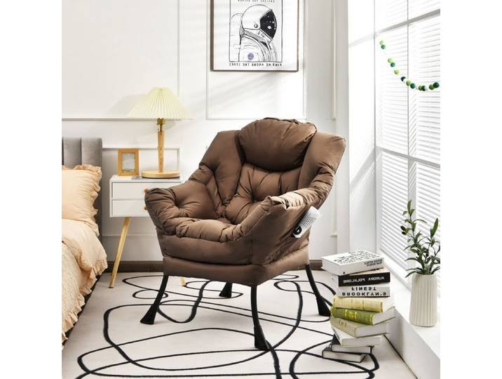 Fauteuil de Salon - RELAX4LIFE - Tissu Polyester - Cadre en Métal - Poche Latérale - Chaise de Lecture - Charge 114KG - Brun