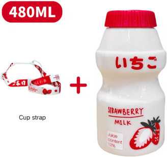Inspire Picks 480ml Kawaii Milk Carton Water Bottle Cute Plastic Drinking Bottle With Cup And Strap red A 480ml