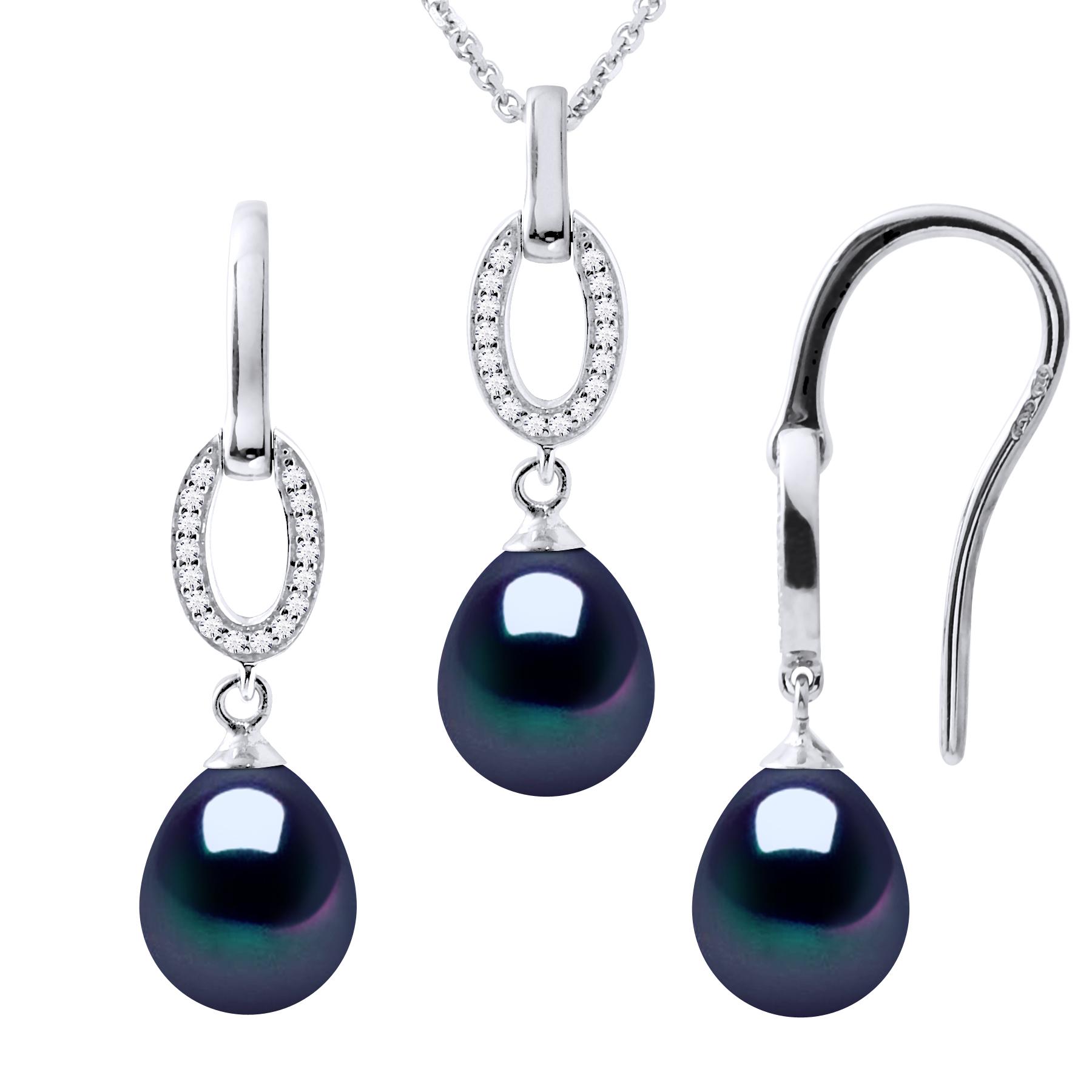 NORMANDY Schmuck Halskette & Ohrringe baumeln schwarz Süßwasserperle 925