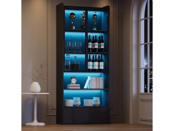 Vitrine LED -Armoire vitrine haute- Portes vitrées avec 1 tiroir et niche ouverte-Meuble de rangement 6 niveaux-80 x 34 x 180- Noir