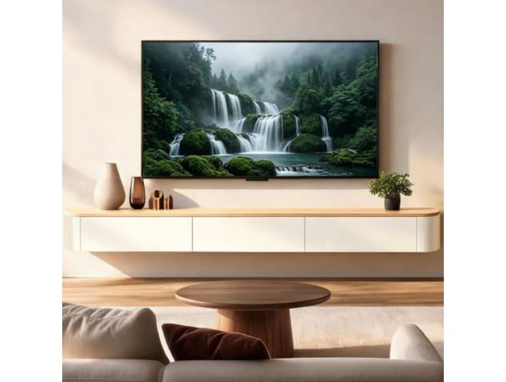 DSMRLEOP Schwebender TV-Ständer, wandmontierte TV-Regale, TV-Medienkonsole, mit Unterhaltungs-Medienkonsole, Massivholz, modernes Wohnzimmer, runde Ecke (Holzfarbe, 200 cm)