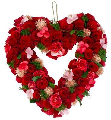 Northlight "10"" Red Wooden Rose Floral Heart Shaped Artificial Valentine's Day Wreath"