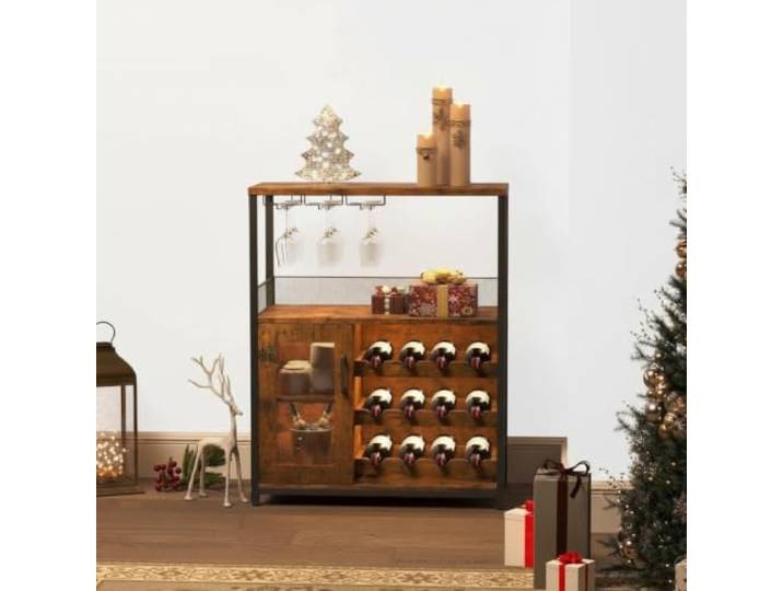 Koioplie Industrial Weinbar-Schrank mit LED-Beleuchtung, 3 Ebenen - abnehmbares/verstellbares Weinregal, Glashalter, Metallgittertür - freistehender Barschrank 70x35x92 cm