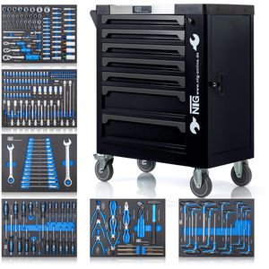NTG Werkzeugwagen WZW.BLACK-3080, bestückt, 252-teilig, schwarz, 7 Schubladen, mit Werkzeug