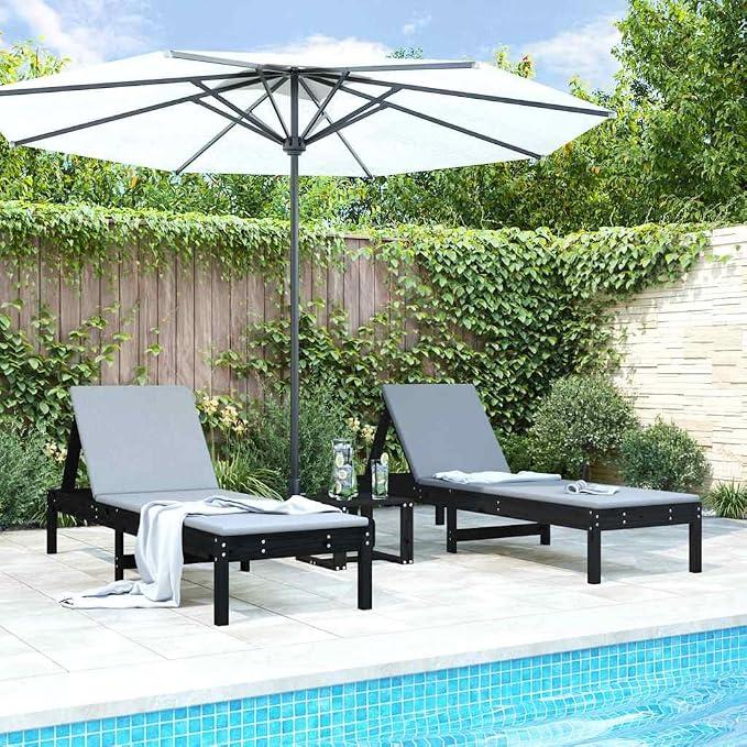 Sonnenliegen 2er Set Schwarz 199,5x60x74 cm Klappbare Gartenliegen aus Massivholz Verstellbare Rückenlehnen für Terrasse Pool Camping Outdoor
