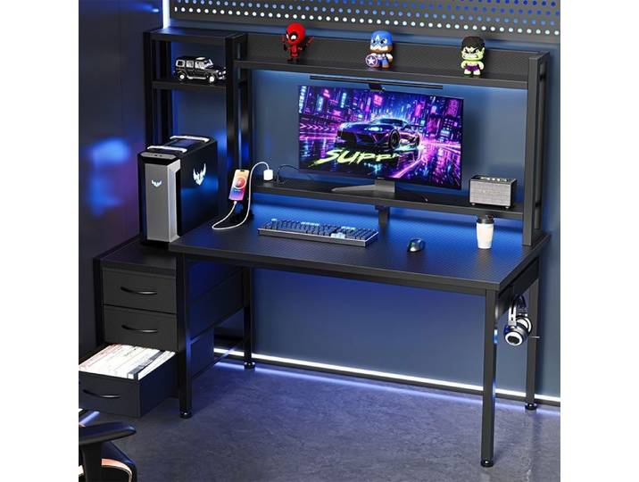 Bureau Gaming LED 150x48x75 cm Grand Table Gaming avec Rangement Bureau d'ordinateur avec Support Écran 3 Tiroirs 2 Prise et USB
