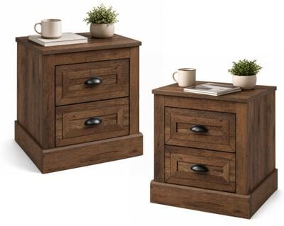 Costway Set of 2 Farmhouse Nightstand with 2 Drawers & Storage for Living Room Bedroom-Brown