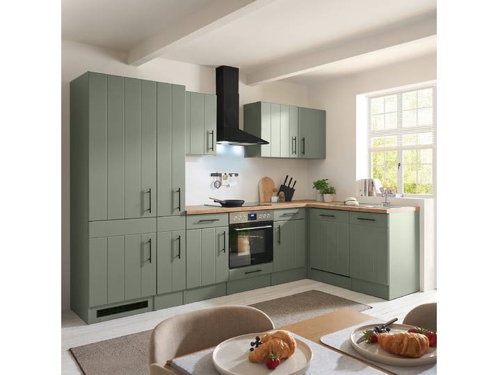 Cuisine d’angle Anton 310cm Vert/Vert roseau Vitrocéramique Avec électroménager