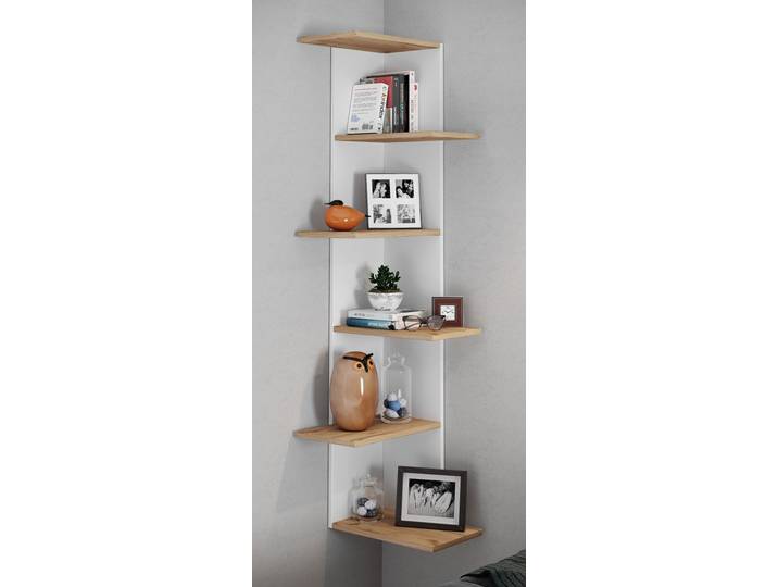 Eckregal Balos - Höhe 140 cm Spanplatte, beschichtet Weiß/Weiß/Eiche Dekor 37 x 140 x 37cm
