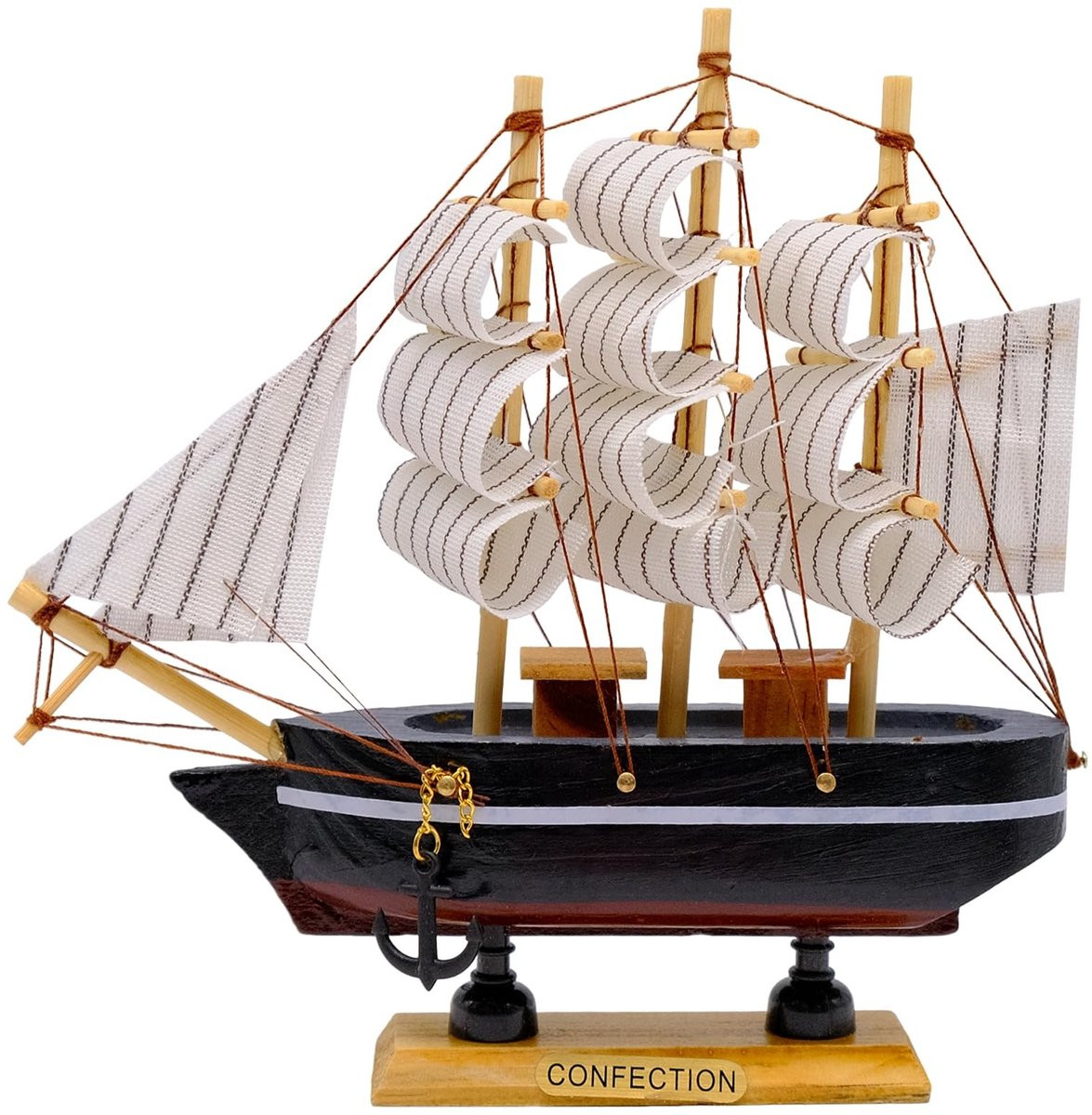Dailygoods Mediterraan zeilschip model - Houten zeilboot - Rood en zwart - 16 cm