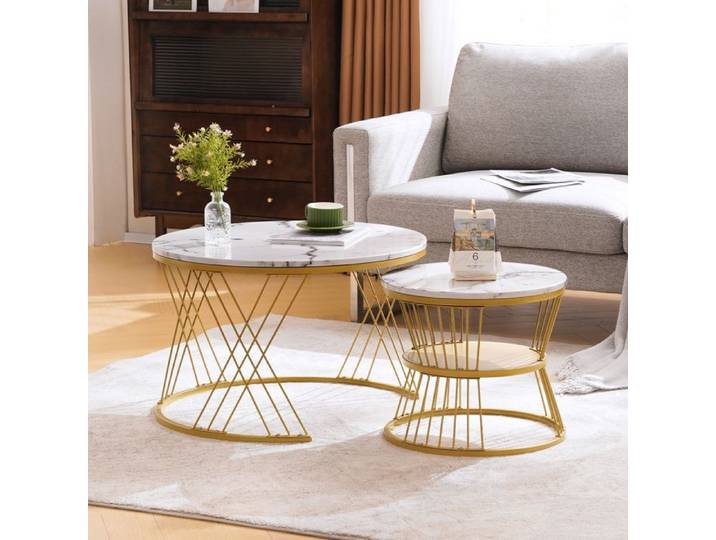 Lot de 2 tables basses gigognes - laquées brillantes - placage marbre - rondes - MDF - Blanc et Doré