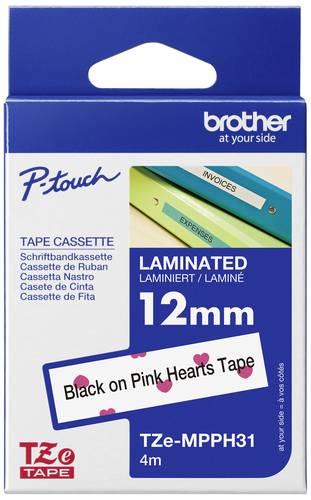 Brother TZe TZe-MPPH31 Bandfarbe: Weiß (mit rosa Herzen) Schriftfarbe:Schwarz 12 mm 4 m