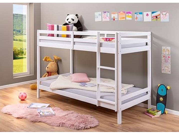 Inter Link – Etagenbett – Hochbett – Jugendbett -Stockbett – Kinderbett – Kiefer massivholz – Weiß – ohne Lattenrost – 90 x 200 cm - Small Cloud