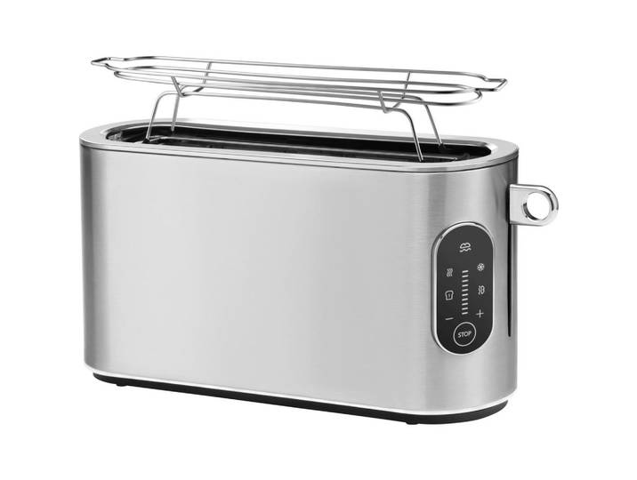 WMF Toaster, Schwarz, Edelstahlfarben, Metall, Krümelschublade, Brötchenaufsatz, Auftaufunktion, Aufwärmfunktion, Schnellstoppfunktion, automatischer Auswurf nach Röstende, automatische Zentrierung der Toastscheibe, Kochgeschirr, Küchengeräte, Toaster