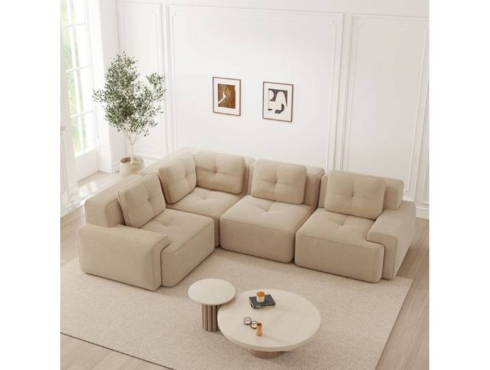 Canape Modulable 4 Places En Velours Cotele Beige Canape D Angle Design FloraGrace Pour Salon Sans Montage 295x206x69cm