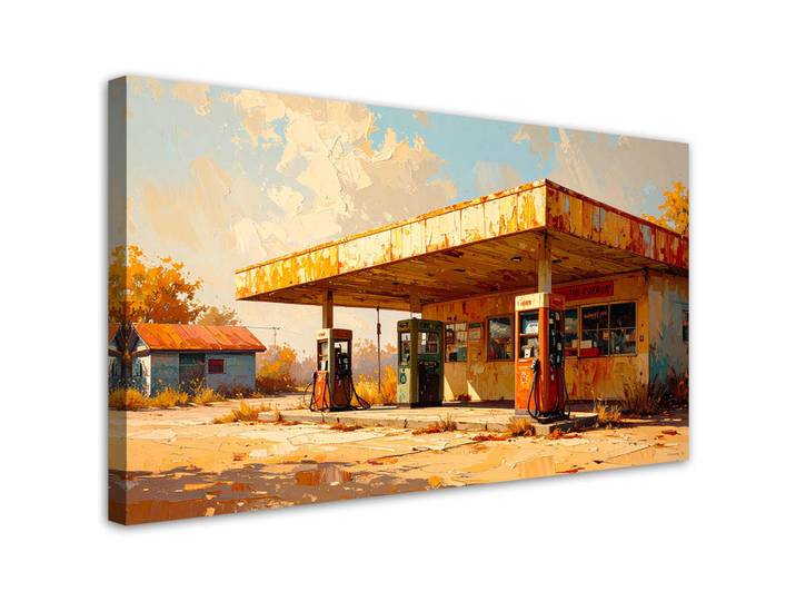Feeby Leinwandbild Tankstelle in den USA 120x60cm, Beige, Landschaft/Berg, Rechteckig, 120x60 cm, Bilder & Rahmen, Bilder, Leinwandbilder