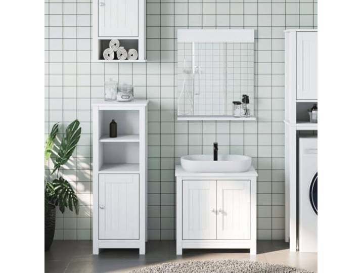 3-tlg. Badmöbel-Set BERG Weiß Massivholz Kiefer mit Spiegel und Schrank Massives Kiefernholz, UV-Lackierung, wasserbeständig, Wandmontage, viel Stauraum, klare Glas-Spiegelfläche