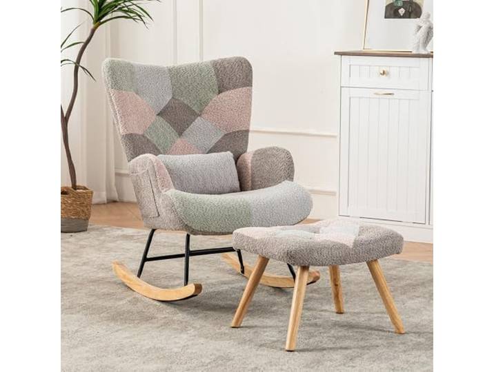Merax Schaukelstuhl mit Hocker, Sessel Relaxsessel Schaukelsessel mit Flügelrückenlehne & Lendenkissen, Gepolsterter Wohnzimmersessel Schwingsessel, für Schlafzimmer Balkon, Metallgestell, Frottee