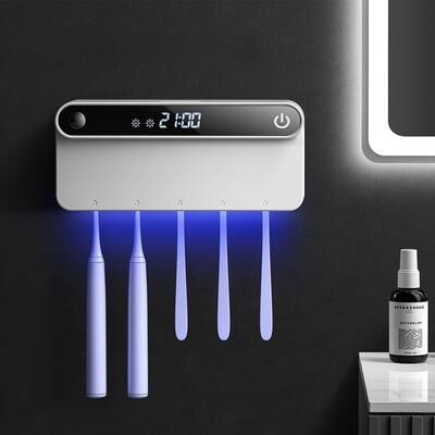 Friendly Fresh Finds UV Sterilizer Toothbrush Holder, Toothpaste Squeezer Dispenser, Smart LED Display Timed Bathroom Accessories Set white