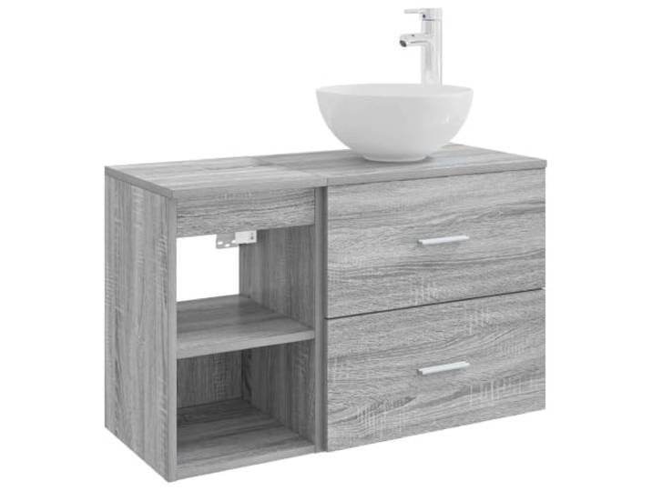 hliofuir Badezimmermöbel Set 2-teilig Waschplatz & Schrank Grau Sonoma Platzsparendes Wandset fürs Badezimmer und Gästebad mit Armatur, Becken und Holzwerkstoff-Korpus in Grau Sonoma Optik.