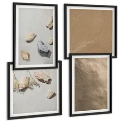BILDER SET 4er Set - 50x50 cm & 40x60 cm Schwarzer Rahmen - Strandsteine natürliche Strukturen