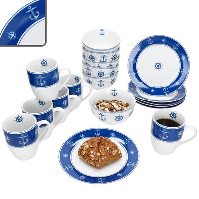 Ahoi 18tlg Frühstücksset Porzellan 6 Personen Teller Schale Becher blau maritim