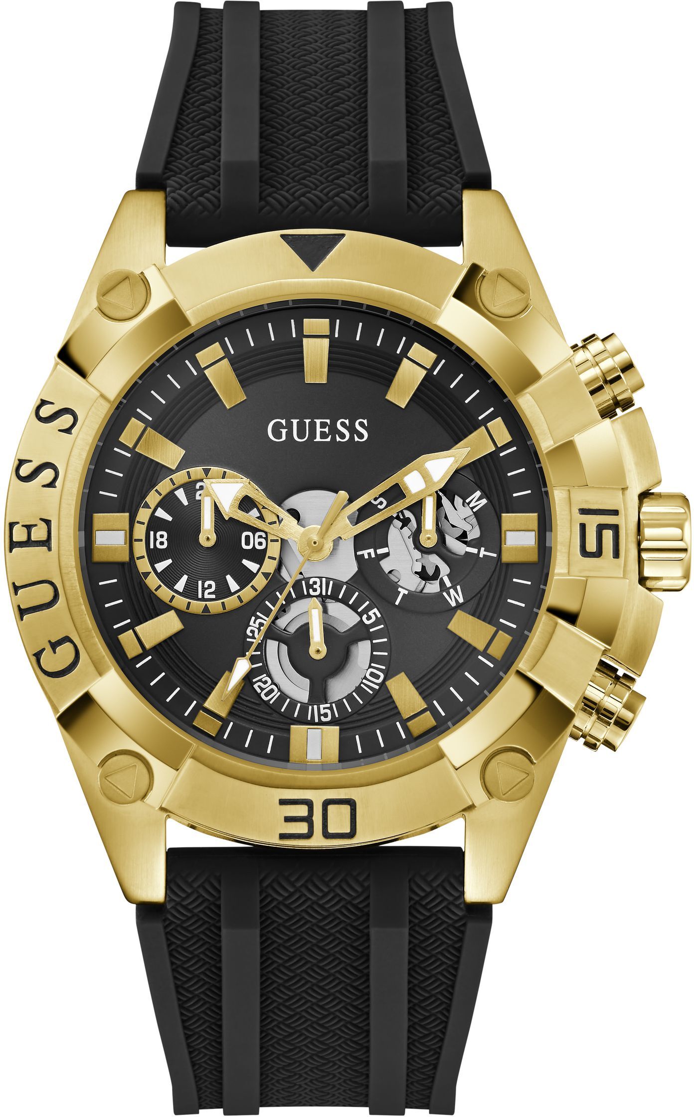 Multifunktionsuhr GUESS "PROSPECT", gold (schwarz, goldfarben, schwarz), Armbanduhren, Herren, goldfarben, Multifunktionsuhr, Quarzuhr, Armbanduhr, Herrenuhr, Silikonarmband, analog, Wochentag