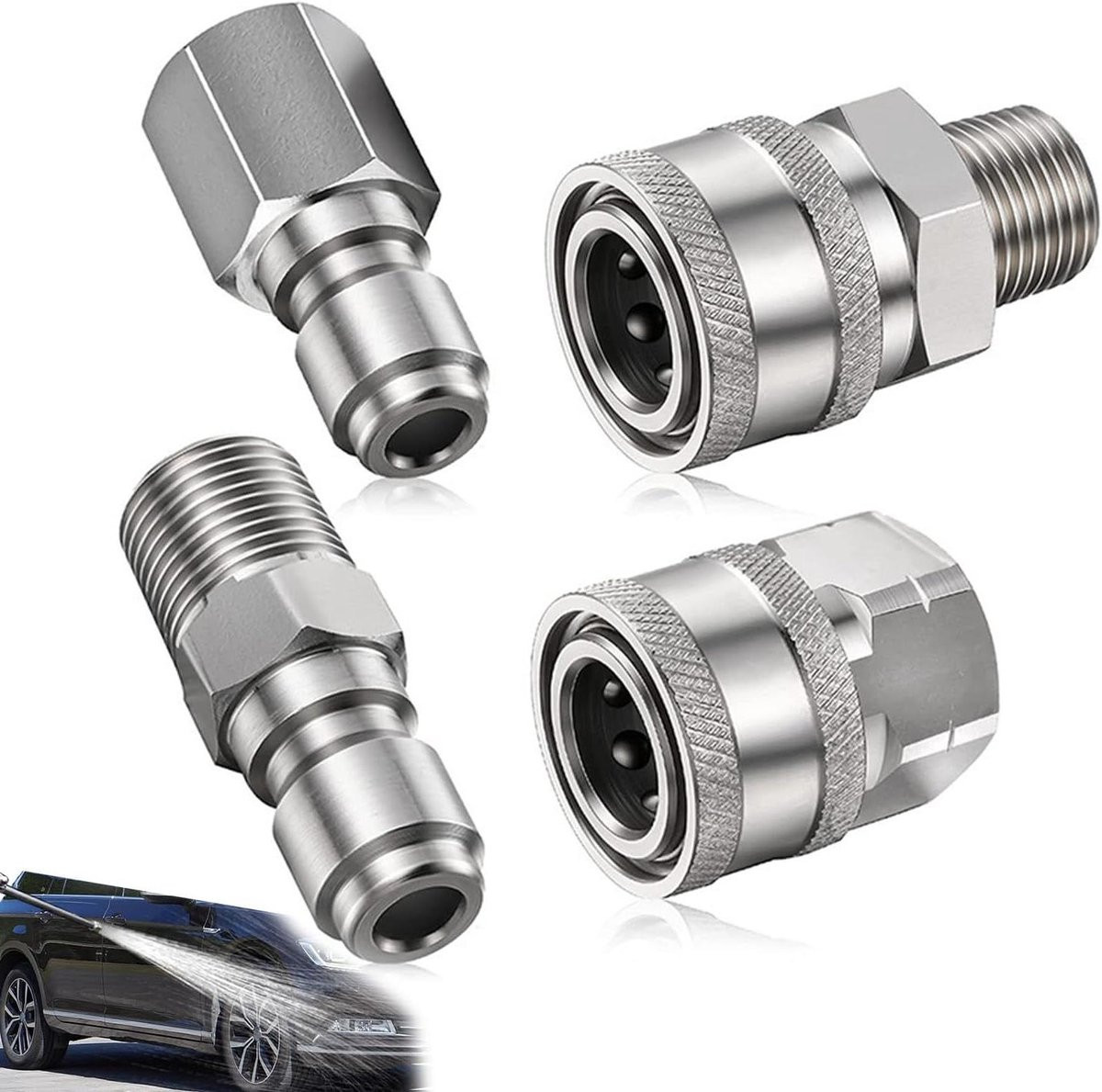 Ronte Koppeling Adapter Set voor Hogedrukreiniger - Roestvrij Staal - Zilver - 4 Stuks