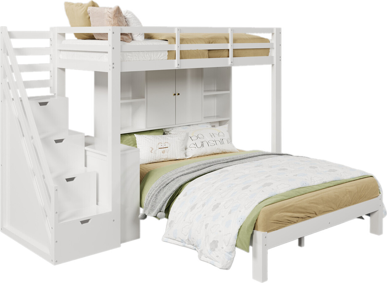 Etagenbett mit Lagerregal,90*200cm+140*200cm,Hochbett,Multifunktionales Kinderbett,Beweglicher Beistelltisch,Großer Stauraum,Massivholz+MDF