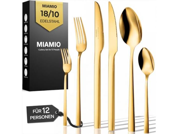 MIAMIO - Besteckset / Besteck Set 72-teilig, Edelstahl 18/10 (Gold) Besteck Set 18/10 Edelstahl, Besteckset mit (Steak-)Messern, Gabeln & Löffeln (72-Teilig) für 12 Personen - spülmaschinenfest