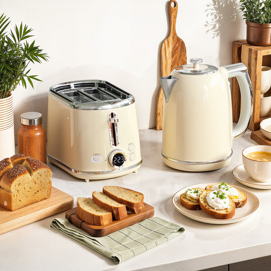 HOMCOM Kettle and 2 Slice Toaster with Keep Warm Memory Function Cream/Silver 2 - Slice
