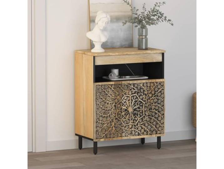 KTHLBRH Sideboard 60 x 33 x 75 cm Massivholz Mango Eisenbeine, handgeschnitzte Blumenmuster, großer Stauraum, Retro-Stil