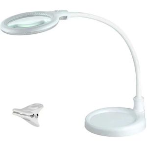 Lumeno Lupenleuchte 6805, weiß, 100 mm Glaslinse, LED, 2,25x Vergrößerung (5 Dioptrien), mit Tischklemme & Standfuß