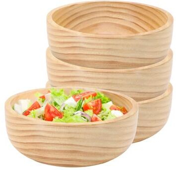 MegaChef 4 Piece 7 Inch Light Acacia Wood Serving Bowl Set For Salads, Snacks, and More