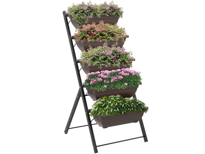 Outsunny Jardinière surélevée avec étages jardinière verticale avec 5 bacs à fleurs trous de drainage cadre en acier marron