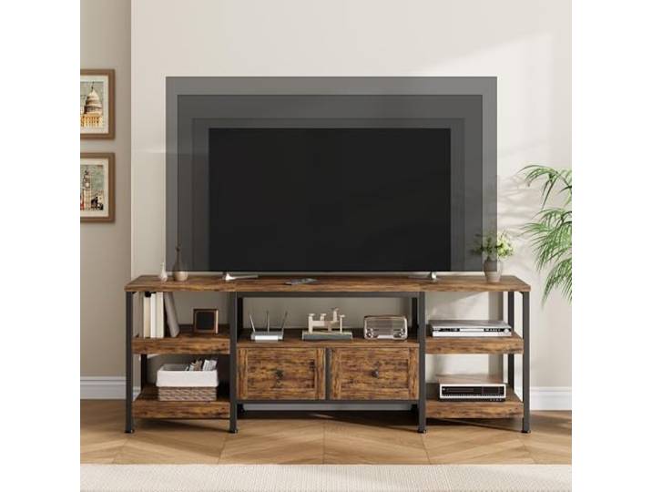 GarveeMore Industrie TV‑Lowboard 200cm für TV bis 85 Zoll 2 Stoffschubladen, 5 Ablagen, Metallrahmen, Rustic‑Braun