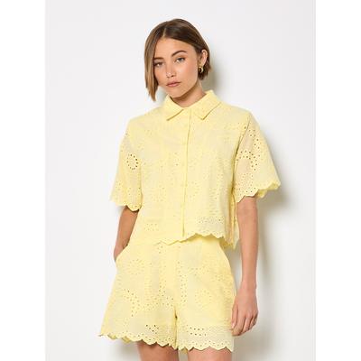 Klassische Bluse APRICOT "Kurzes Bluse", Damen, Gr. XL (42), gelb, gewebt, Obermaterial: 100% Baumwolle CO., uni, normal kurz, Manschetten, Blusen Bluse, mit Wellenkante und Broderie-Verzierung