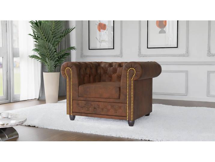 S-Style Möbel Wilhelm - Chesterfield Sessel aus Vintage Optik Microfaser mit Holzfüßen - Braun