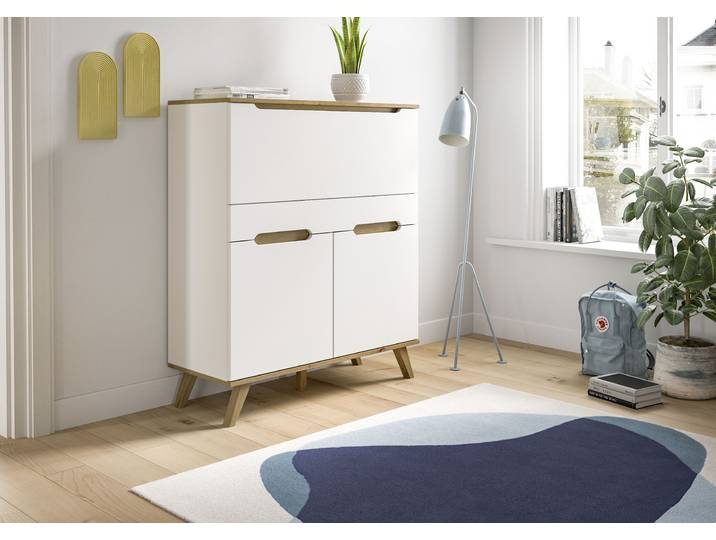 Sekretär HOME AFFAIRE Alesund, Höhe 118cm, 2 Türen, 1 Schubkasten,konischer Fuss, Scandi-Look , weiss (weiß, absetzung nox oak nachbildung), B:100cm H:118cm T:40cm, Sekretäre, Sekretär, Anrichte, Schrank, Kommode, Midischrank, Wohnmöbel, Wohnzimmer