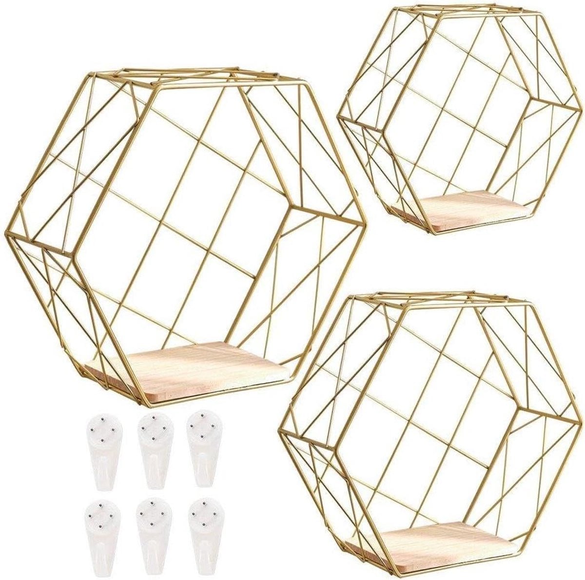 Set van 3 Zeshoekige Wandplanken - Drijvende Muurdecoratie - Goud