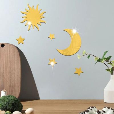 Uplift Essentials Star And Moon Mirror Wall Stickers Set Acrylic Self Adhesive Removable Decor 6 Pieces golden