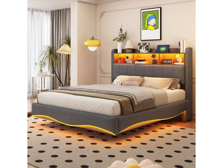 Lit suspendu capitonné - 140x200 cm - Gris - Éclairage LED multicolore - Ports USB/USB-C