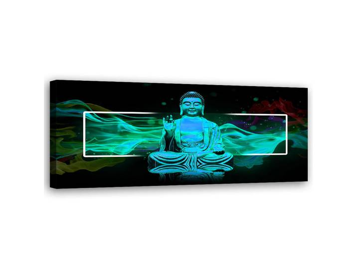 Feeby Wandbild türkisfarbene buddha abstraktion, Blau, Orientalisch, Rechteckig, 90x30 cm, Bilder & Rahmen, Bilder, Leinwandbilder