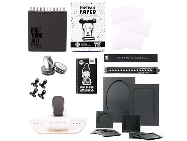 Paperfuel PF203619 Cartoongirls Toolbox, zwart en wit, gereedschap voor handlettering, incl. accessoires voor het maken van kaarten, scrapbooking en meer, zwart/wit, eenheidsmaat