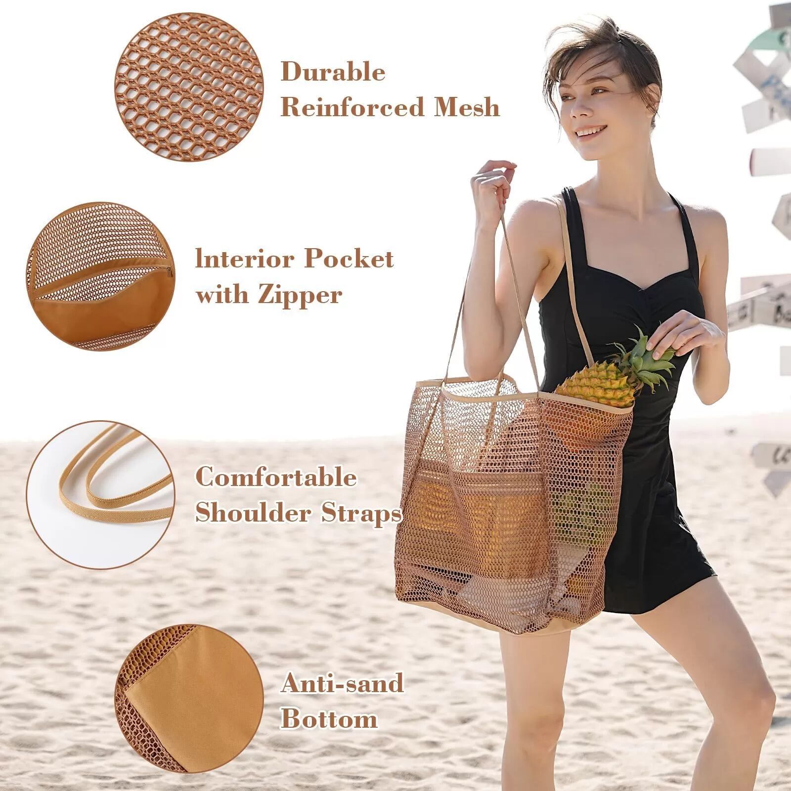 INF Faltbare Strandtasche, Netz-Tragetasche für Damen Beige