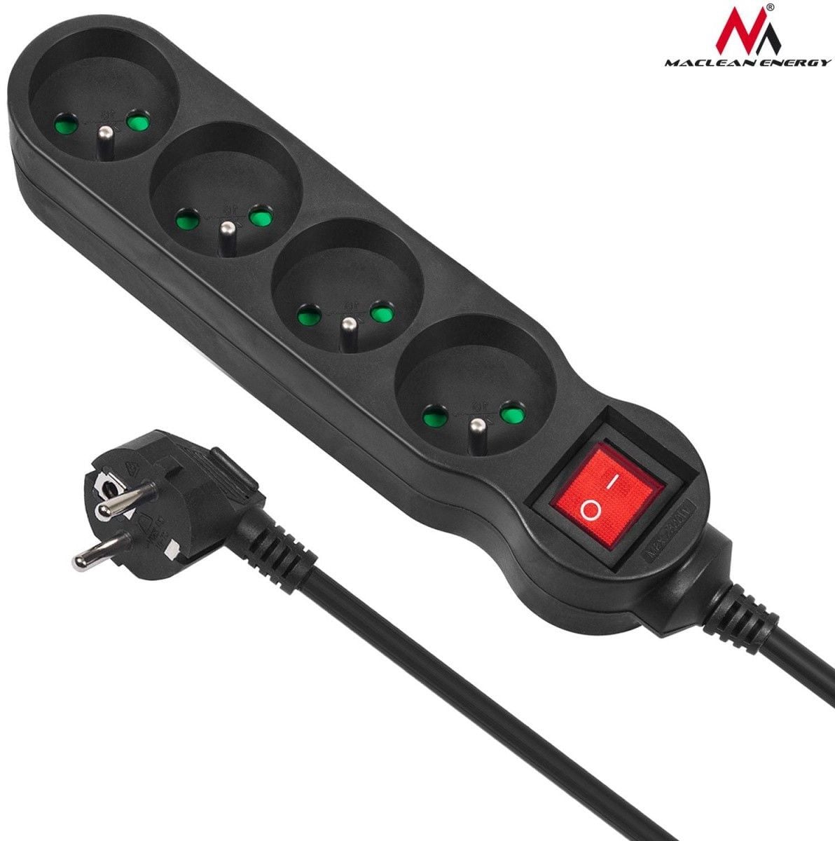 Maclean Energy Stroomverlengsnoer met 4 stopcontacten, 3 meter, zwart (MCE181)